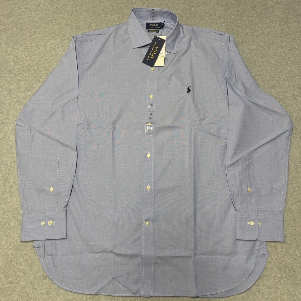 Polo Ralph Lauren Dress Shirt Mens 17 34/35 Blue Check Slim Easy Care Stretch LS